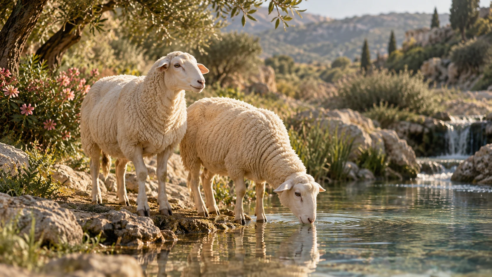 Clean paired ewes beside water, a poetic comparison without changing the woman's anatomy.