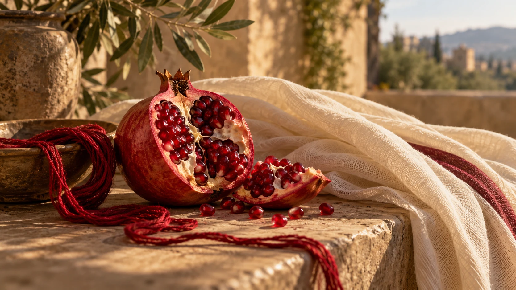 Close still life of scarlet thread and a freshly cut pomegranate beside soft cream veil fabric.