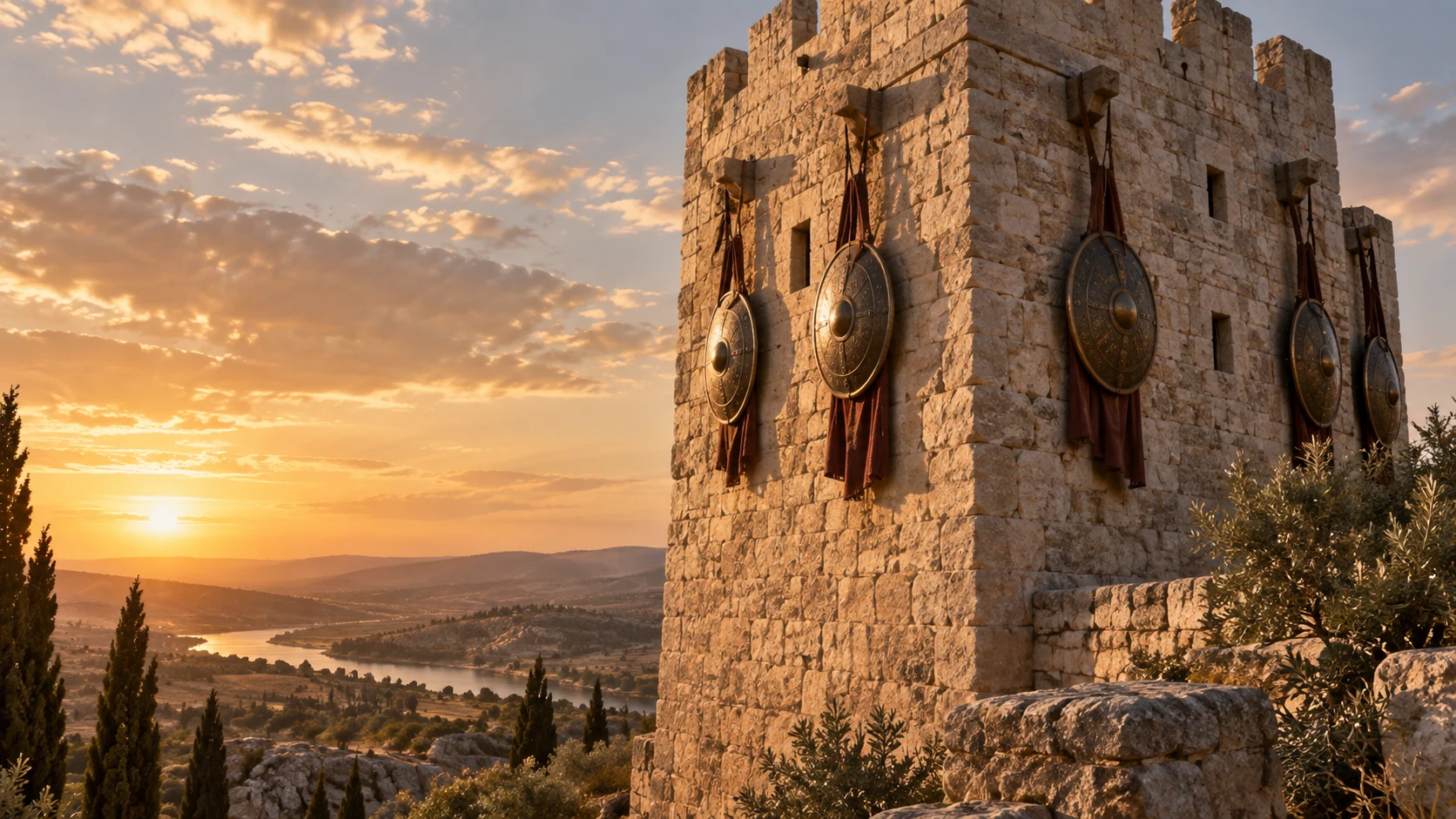 An ancient stone tower with hanging shields, tall and composed, no invented siege.