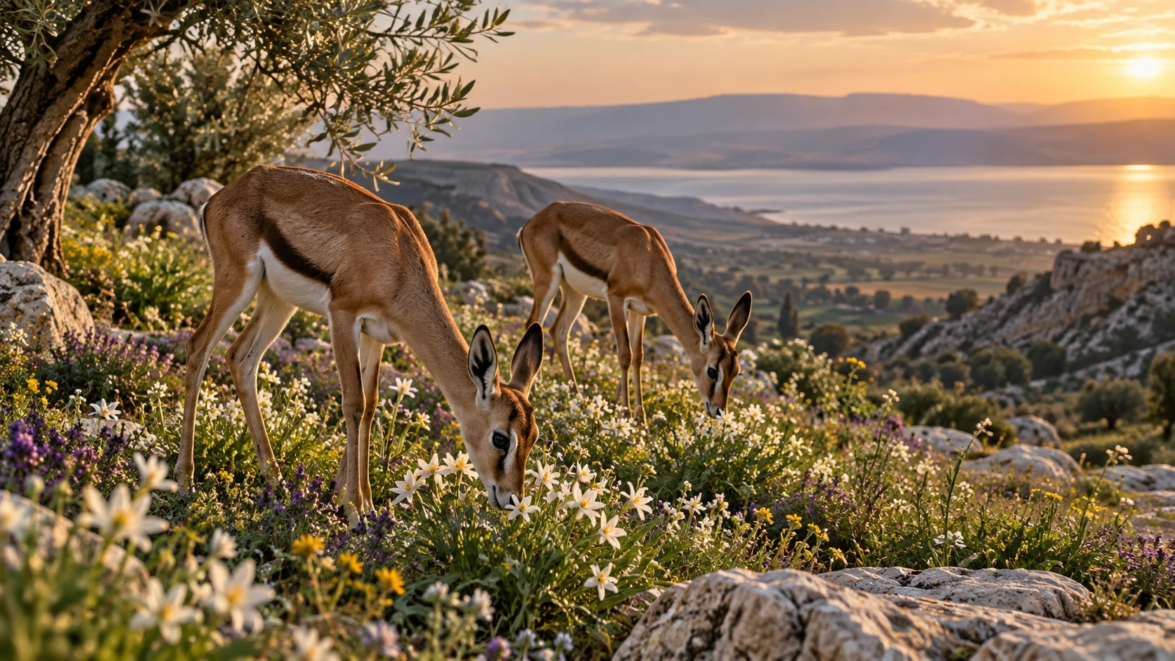 Two young gazelles grazing among valley flowers; no exposed human body.