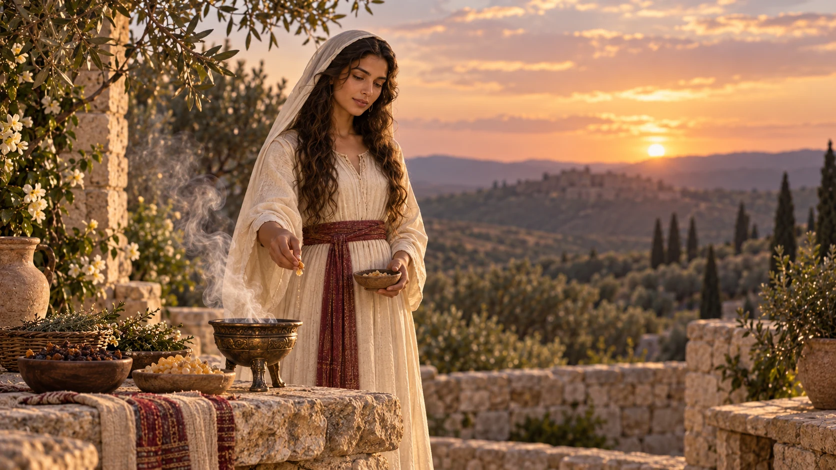 Aromatic resin and soft incense before a dusk ridge, the fully clothed woman at a respectful distance.