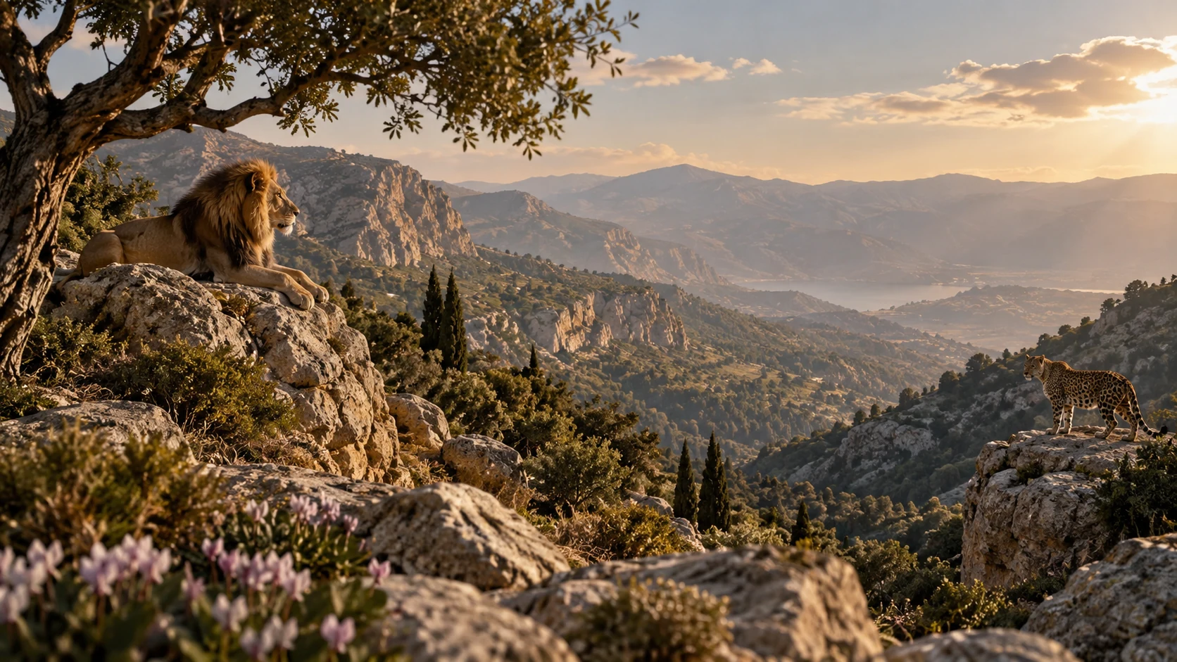 A vast Lebanese mountain panorama with distant lion and leopard habitat, no staged rescue or dangerous encounter.