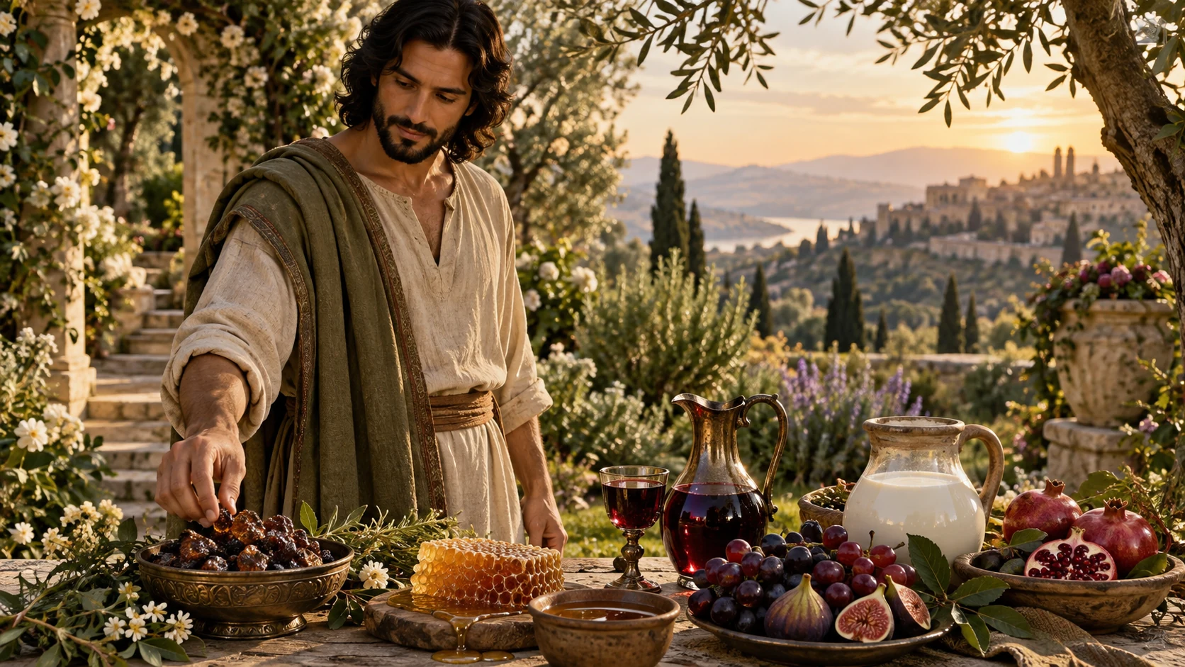 Fruit, gathered myrrh, honeycomb, wine and milk on a garden table; the adult beloved stands nearby, no erotic staging.