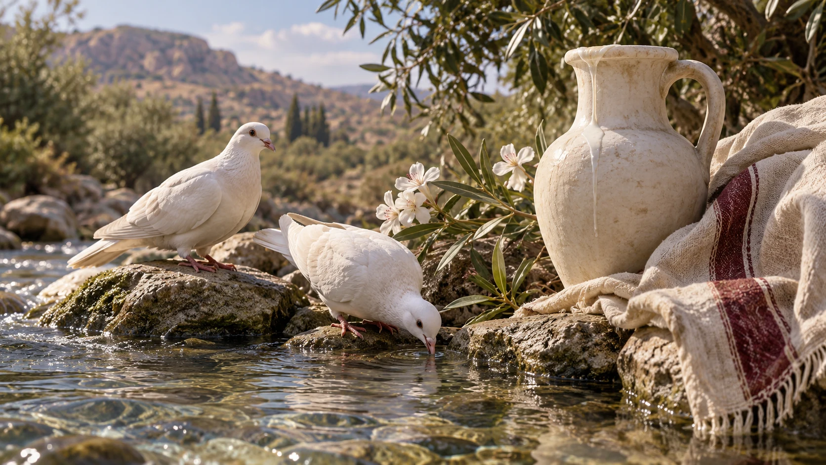 Doves beside clear flowing water and a pale milk vessel; poetic still life.