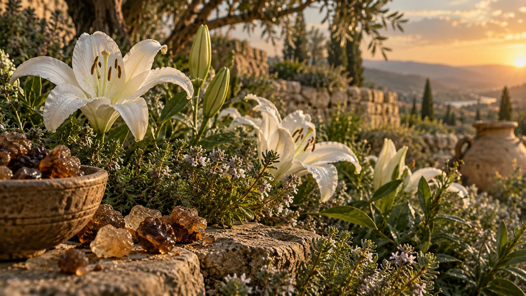 Fragrant herb beds with lilies and drops of myrrh, low close camera.