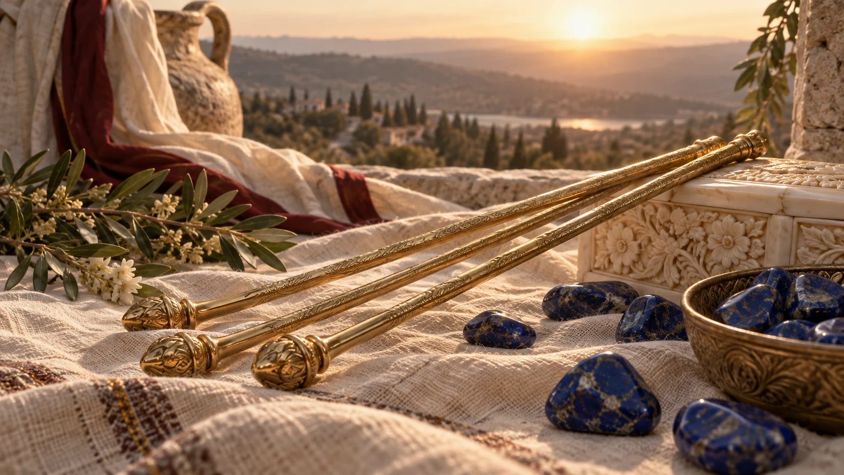 Gold rods, pale polished ivory and blue stones arranged on linen as metaphors, no literal metallic human body.