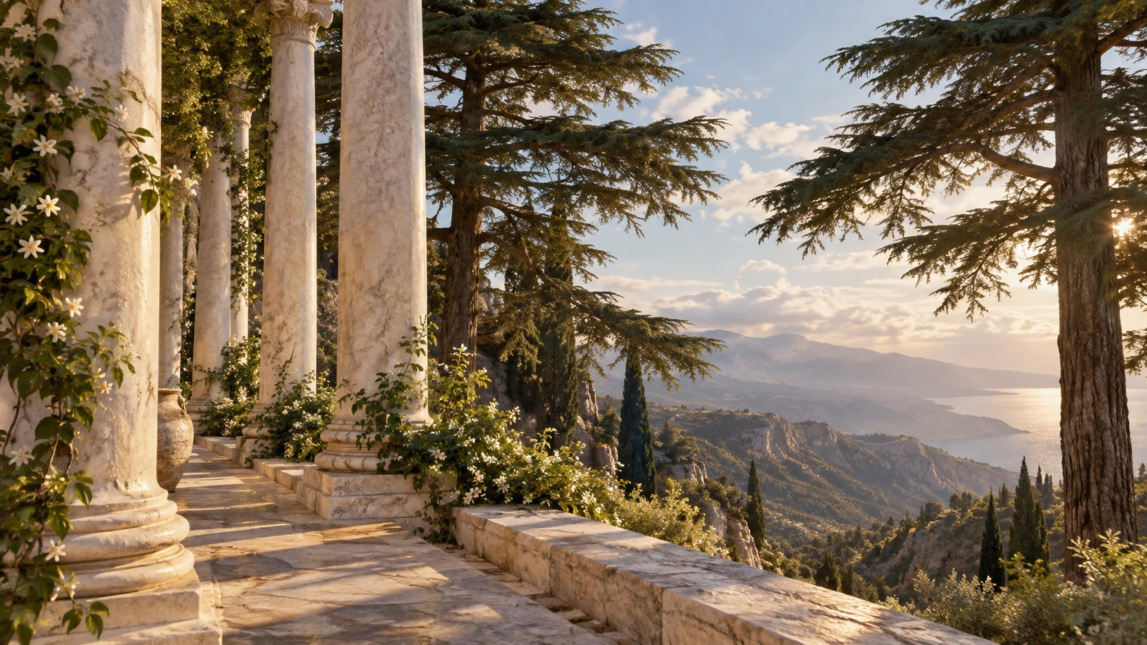 White stone pillars and tall Lebanese cedars in a balanced wide landscape.