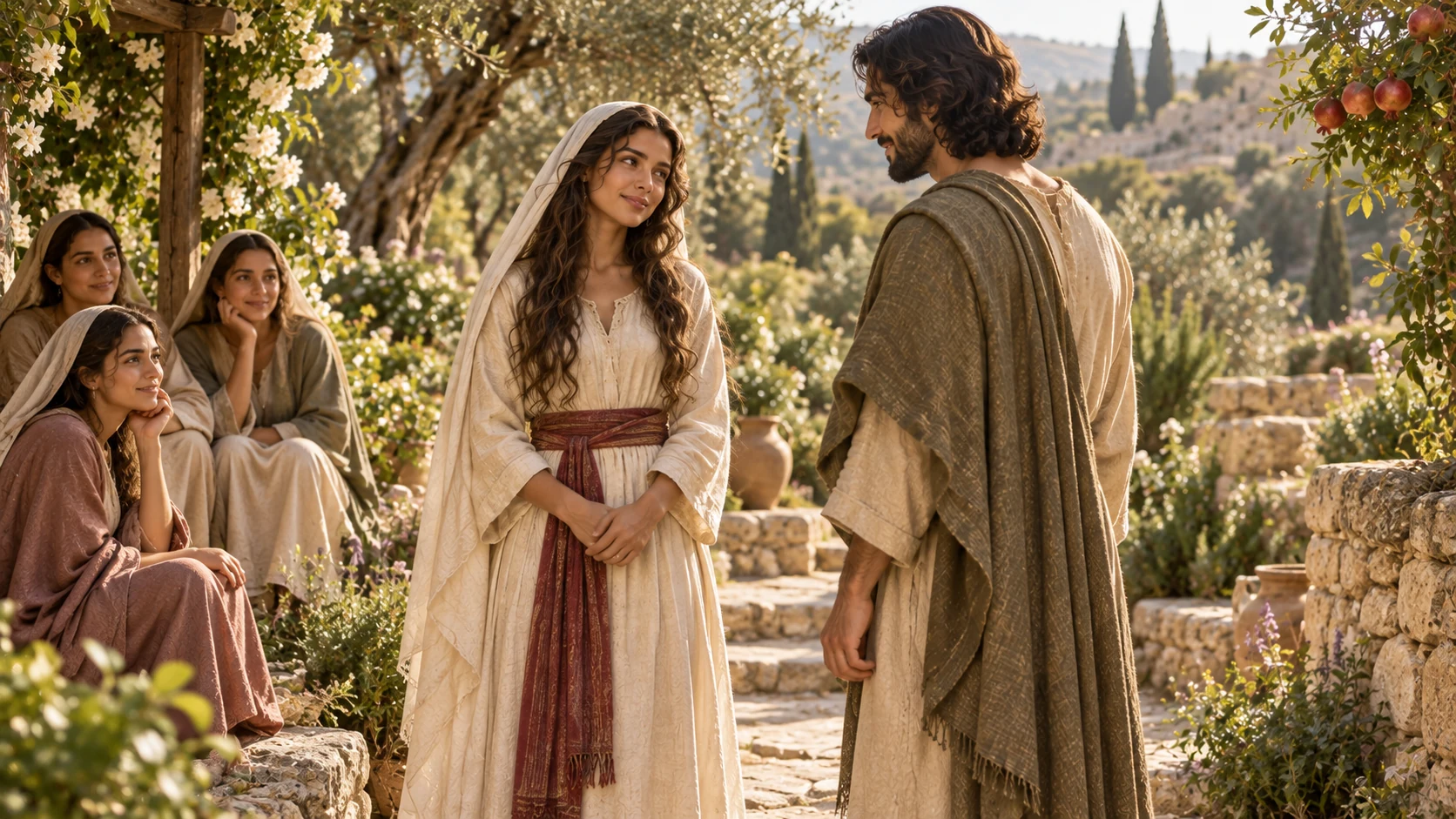 The woman looks warmly toward the adult male beloved across a garden path, women listening nearby.