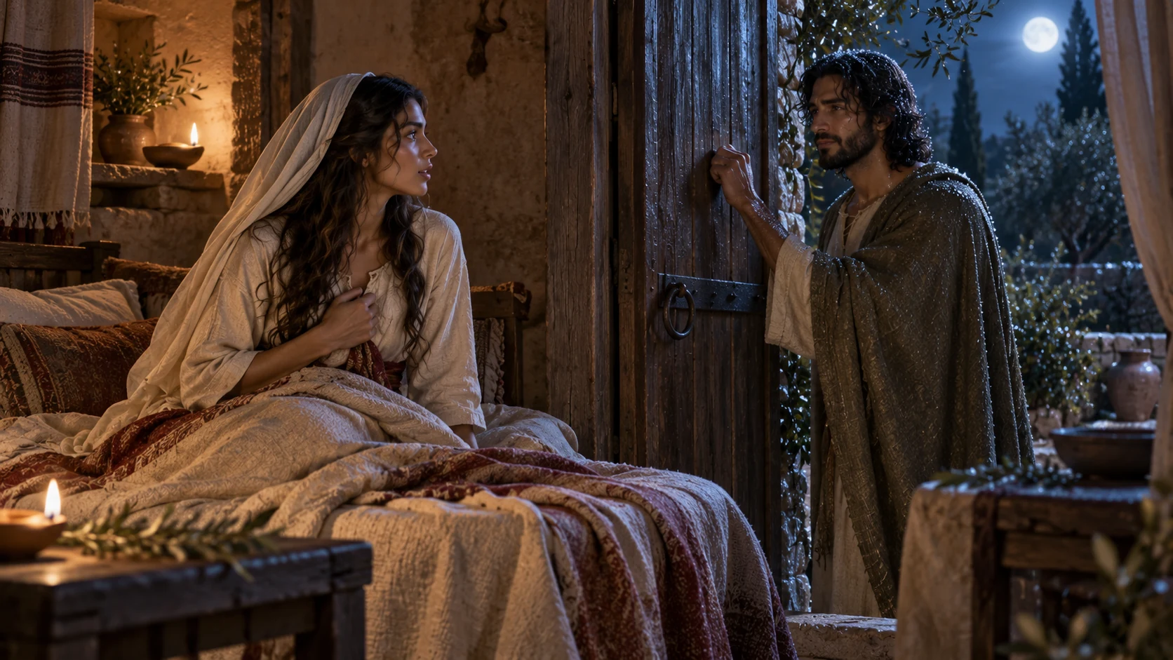 Woman fully clothed on a bed hears a knock; dew-covered male beloved beyond the shut door in a poetic dreamlike composition.