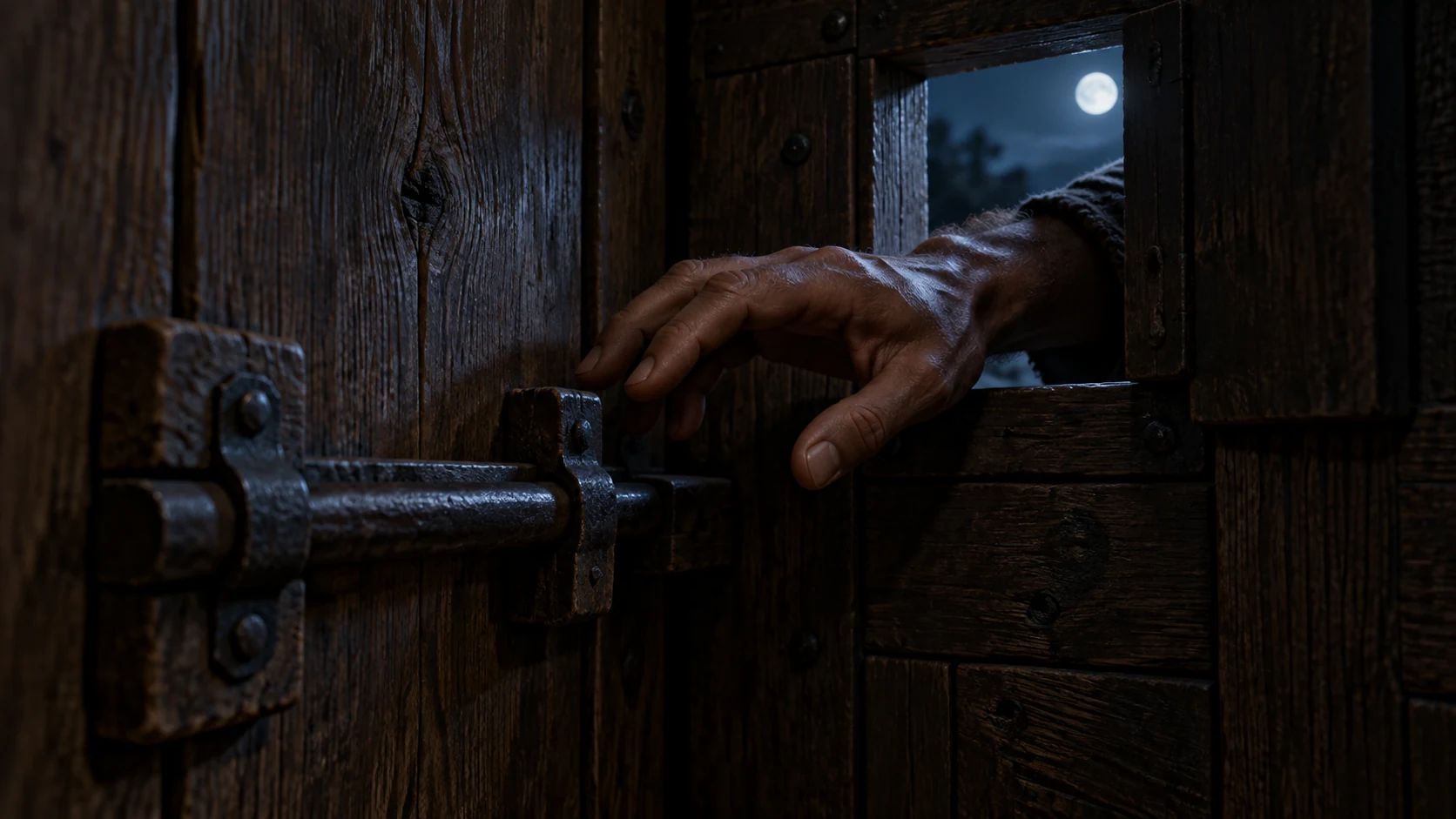 A man's hand reaches through a small aperture in a shut wooden door toward the interior latch at night.