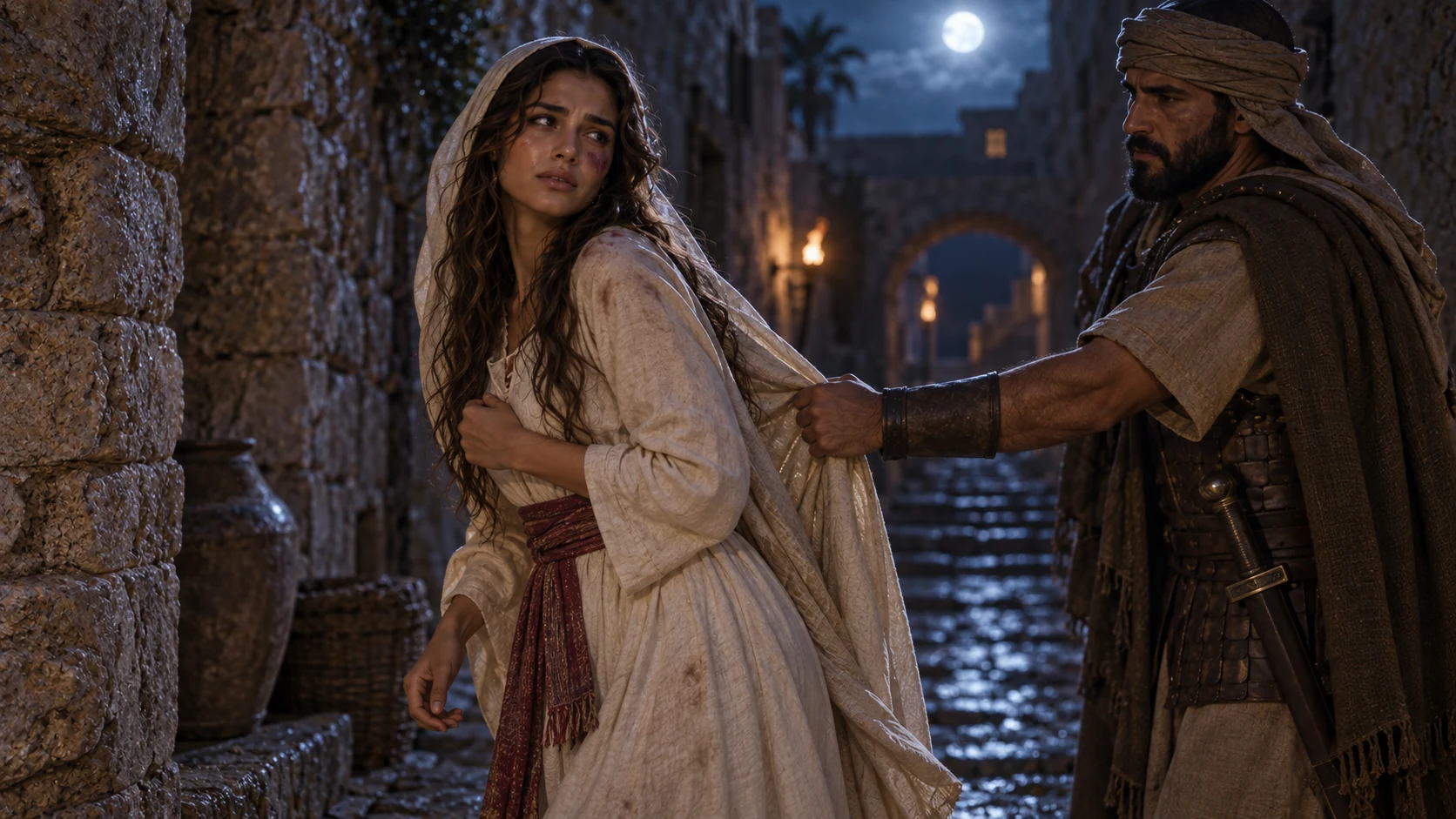 Aftermath of the woman's mistreatment in a dark city lane: she stands bruised but fully clothed as a guard holds her outer cloak, restrained non-graphic depiction.