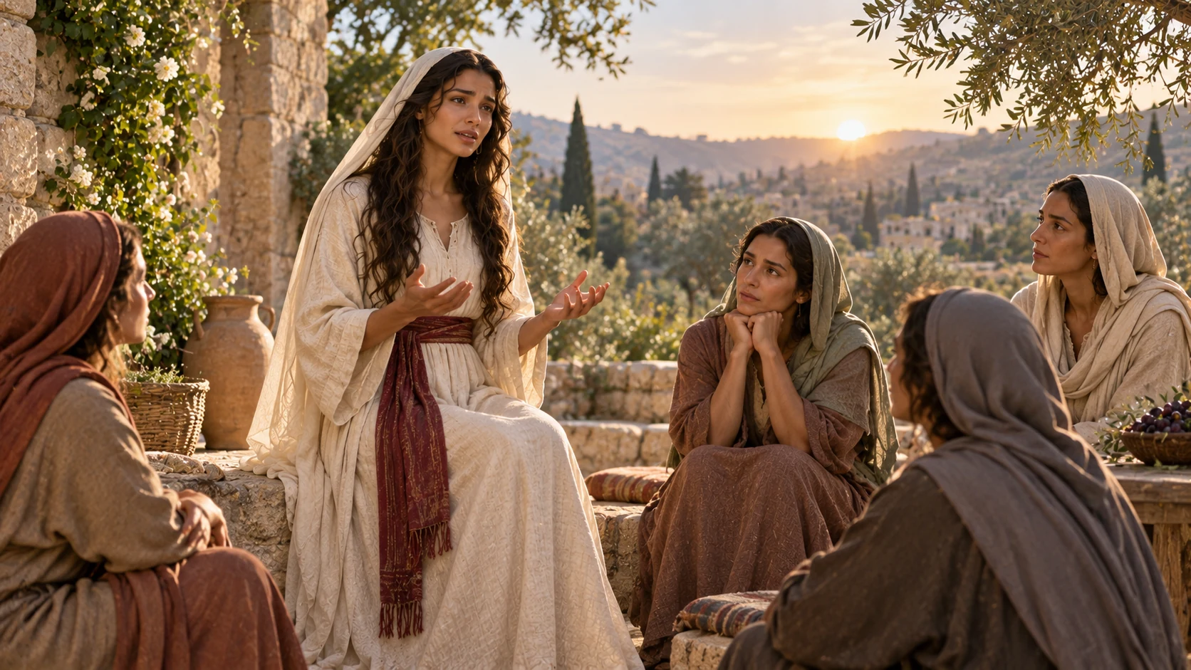 The distressed woman addresses adult women in a quiet dawn courtyard.