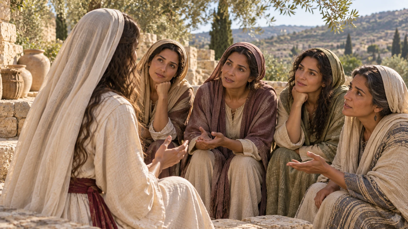The listening adult women respond with attentive questioning faces in a reverse viewpoint.