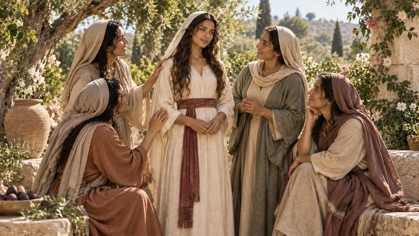 Adult women face the woman in a garden courtyard with attentive solidarity.