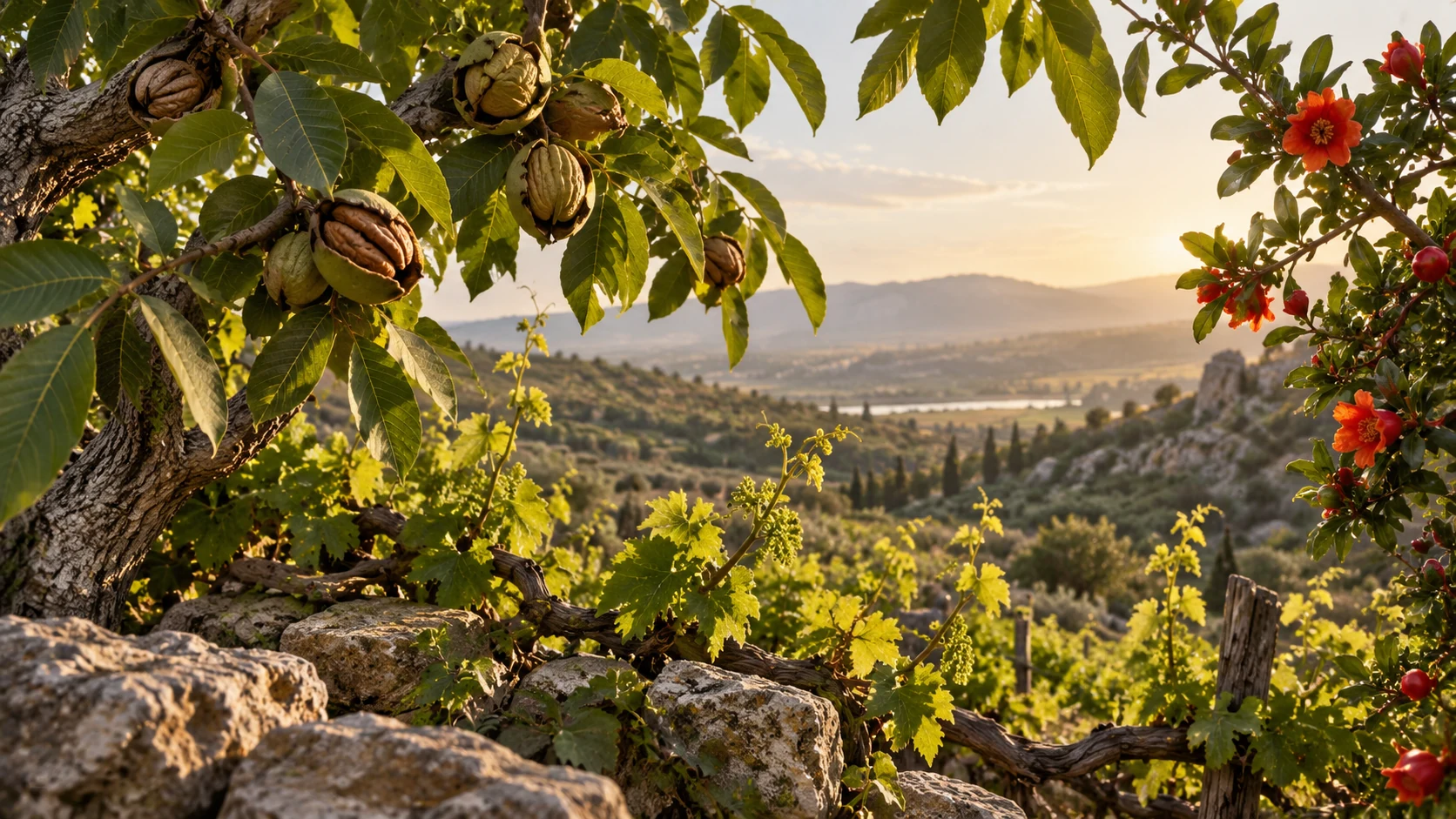 Close walnut branches open onto valley shoots, budding vines and pomegranate blossom.