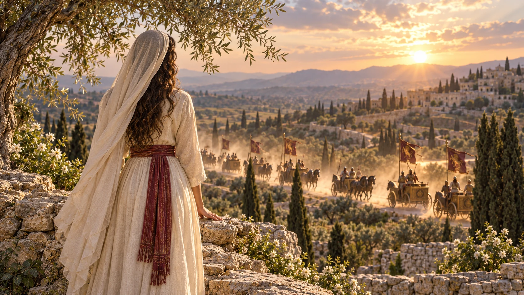 A dreamlike distant sweep of ancient chariots with the woman seen from behind, no invented abduction or battle.