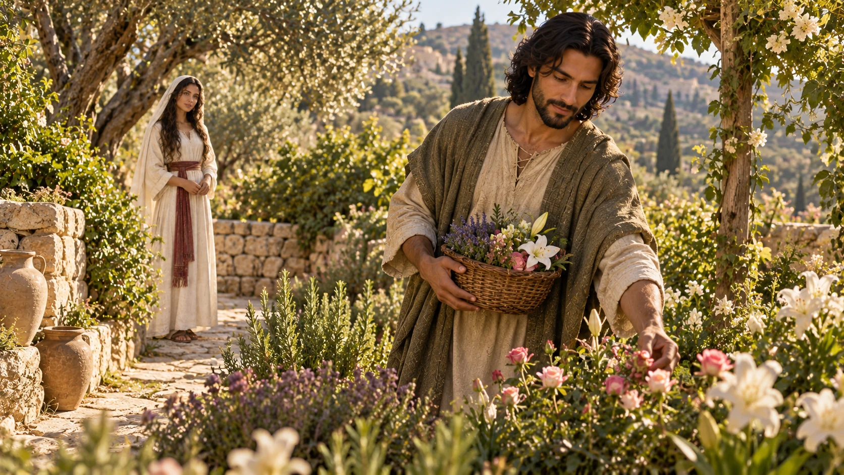 The beloved gathers flowers in a spice garden, woman watching from a separate path, no invented reunion event.