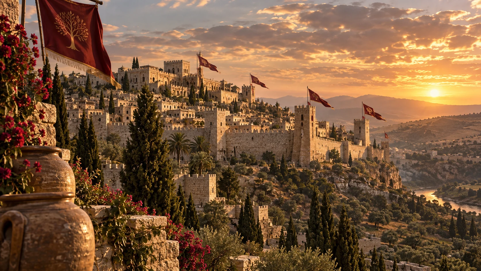 Ancient hill-city skyline with banners moving in the wind, poetic awe without a battle.