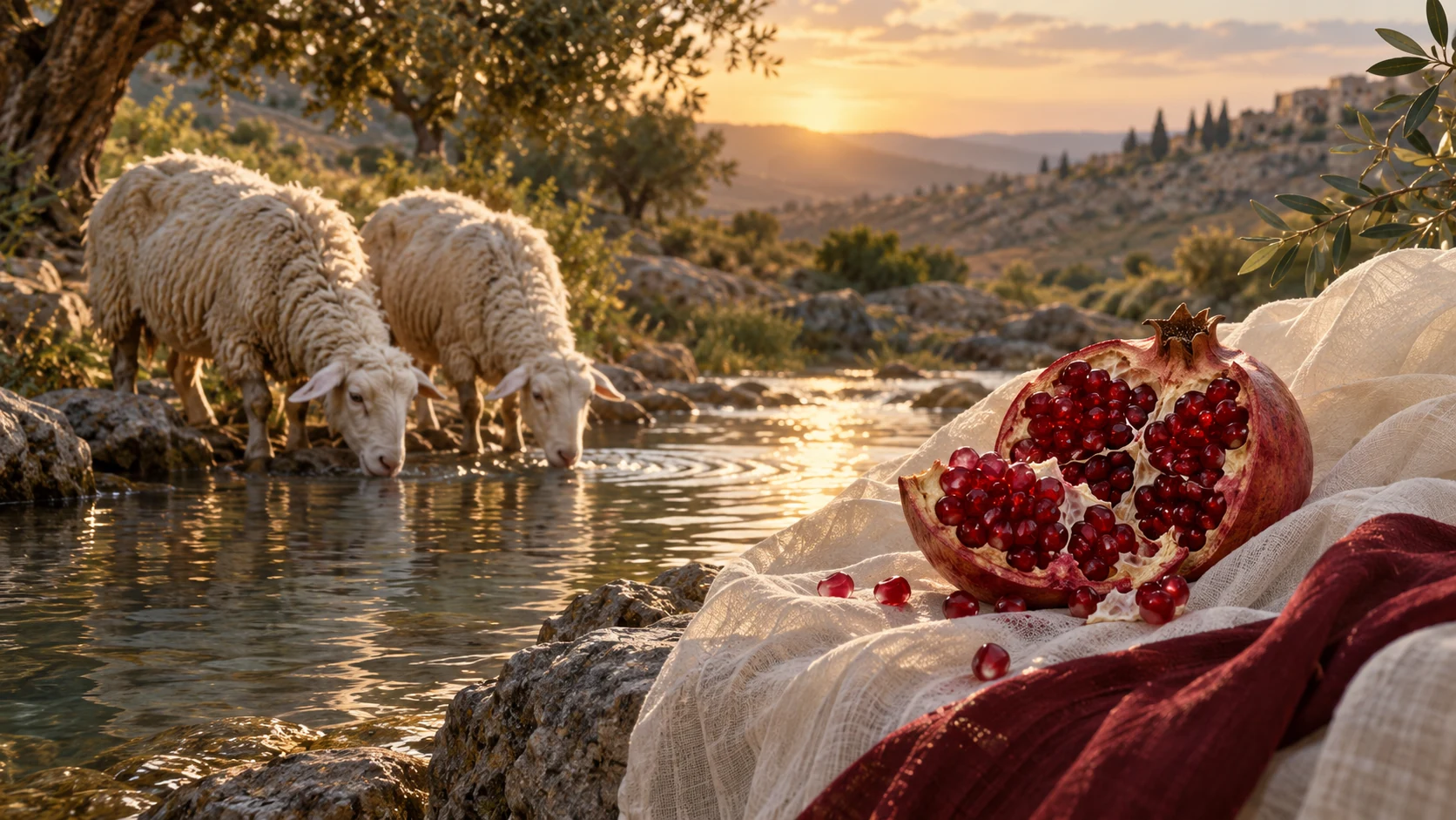 Washed paired ewes near water and cut pomegranate on folded veil fabric, poetic visual essay.