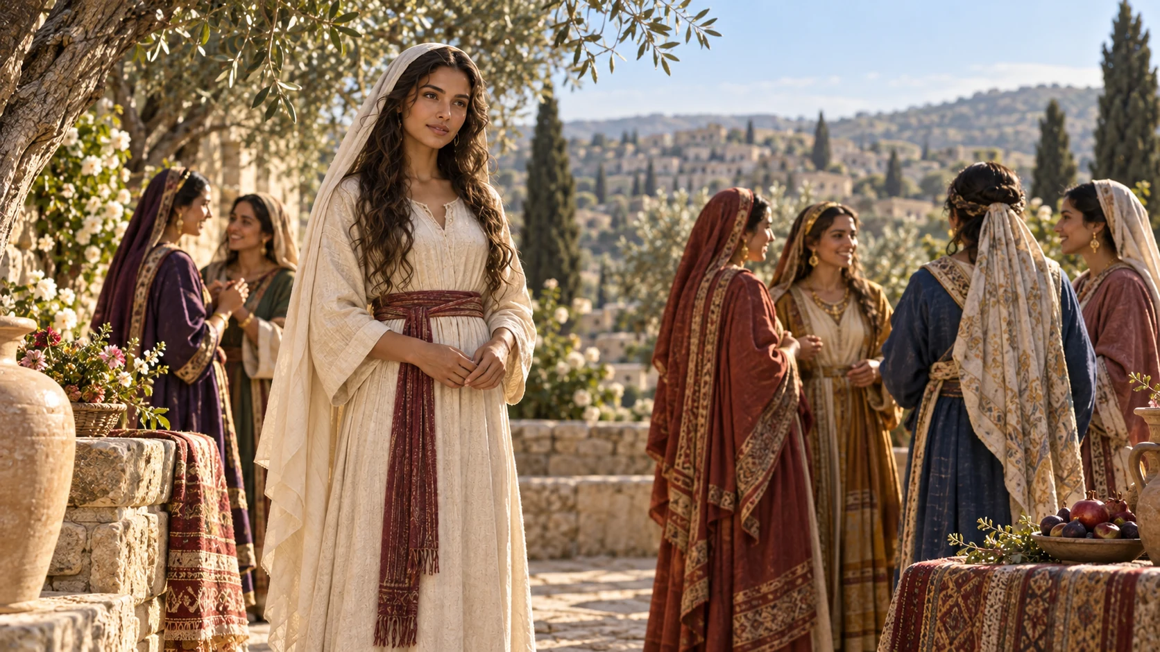 The woman stands quietly amid a distant gathering of richly clothed adult women, no invented competition or royal selection.