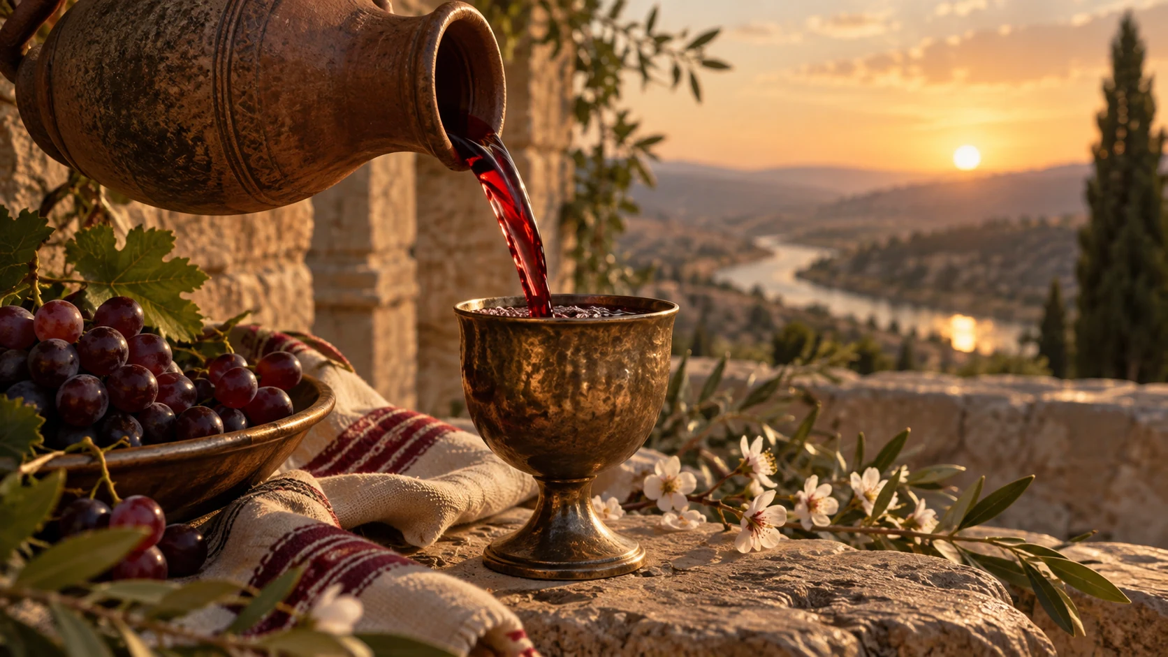 Wine pours smoothly from a clay vessel into a cup beside grapes and linen, without people.