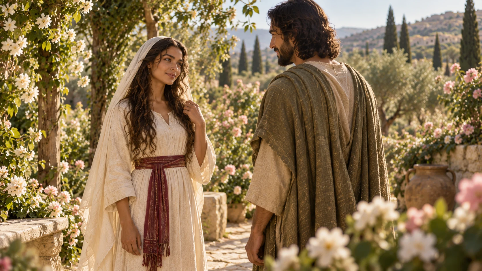 The adult woman faces her beloved confidently across a flowering garden, mutual warm attention.