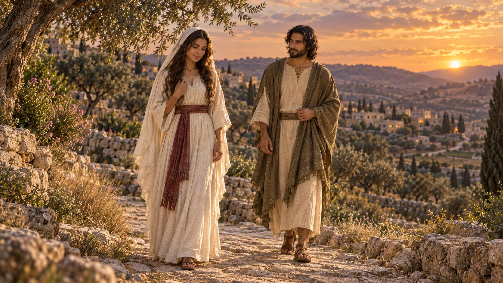 Wide countryside paths and scattered villages at dusk with the lovers walking at a respectful distance.