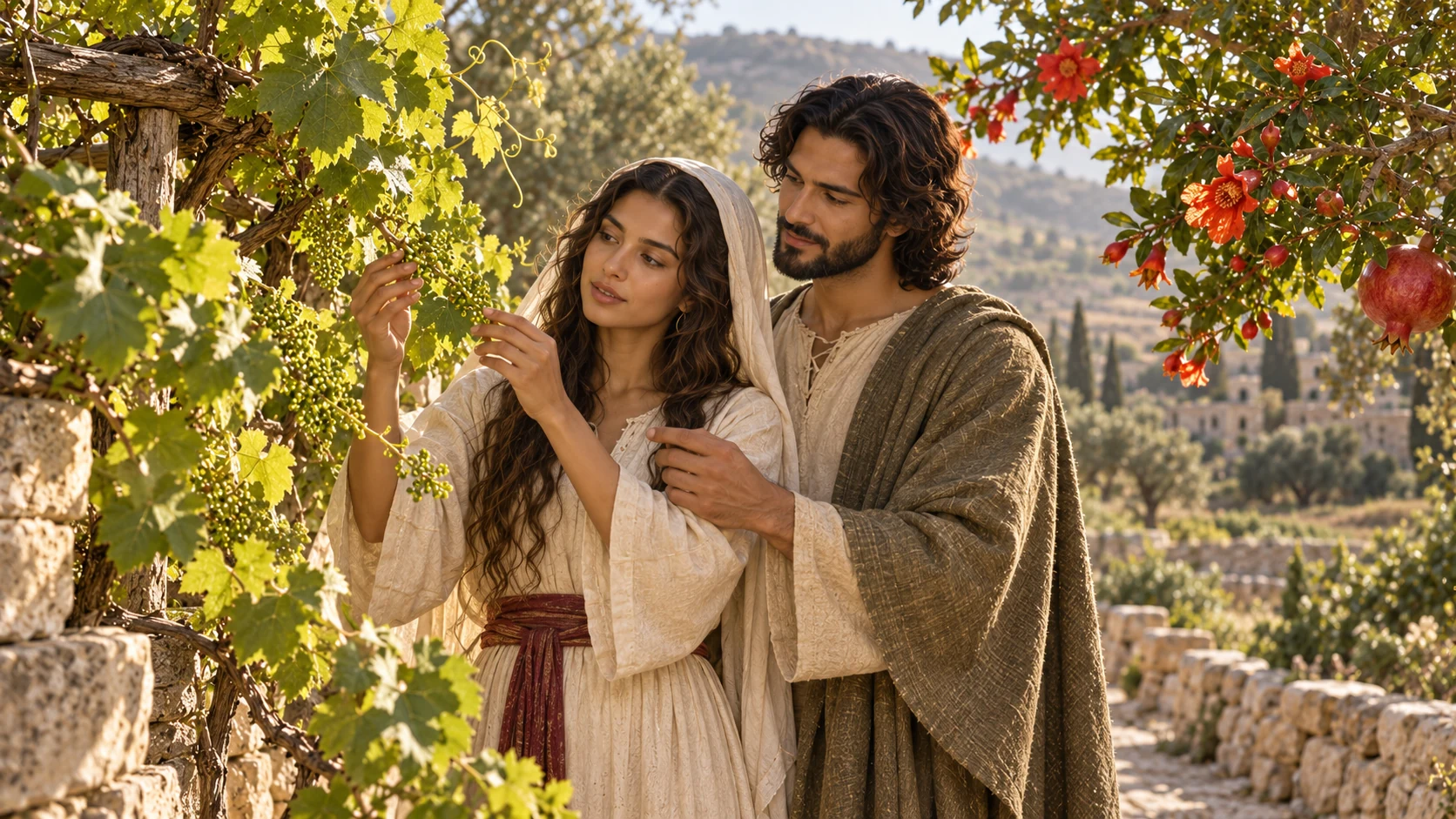 The lovers examine budding vine and pomegranate blossom in early morning, no invented event beyond poetic invitation.