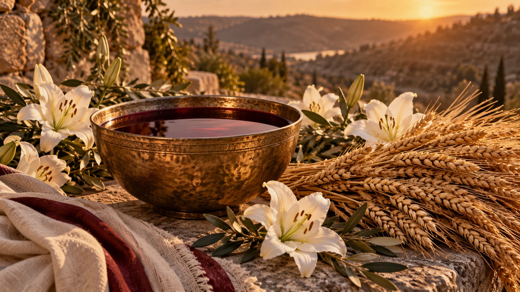 Rounded bowl of mixed wine beside golden harvested wheat encircled by lilies; body metaphor without exposed anatomy.