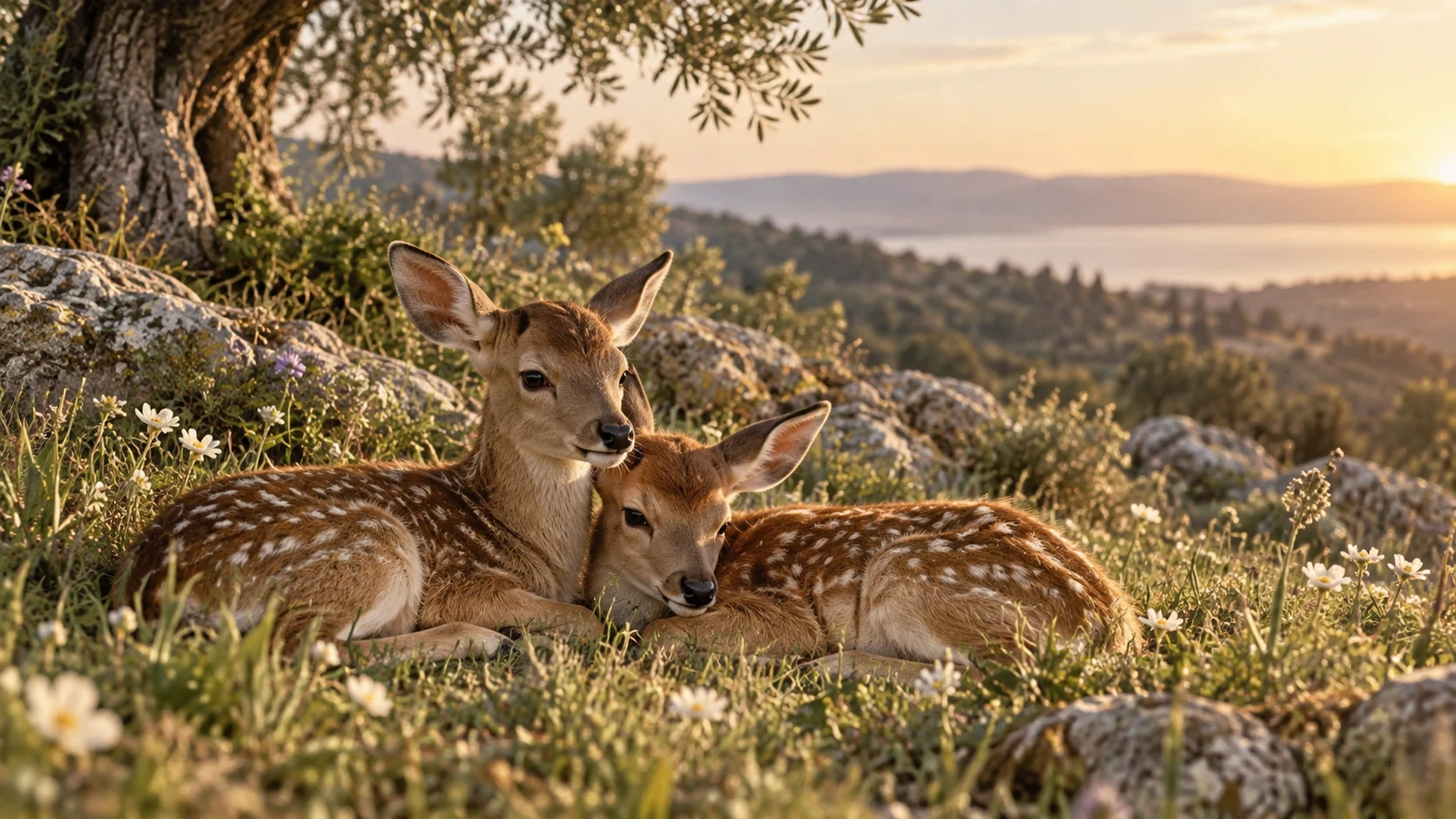 Two fawns resting together in gentle morning meadow light.