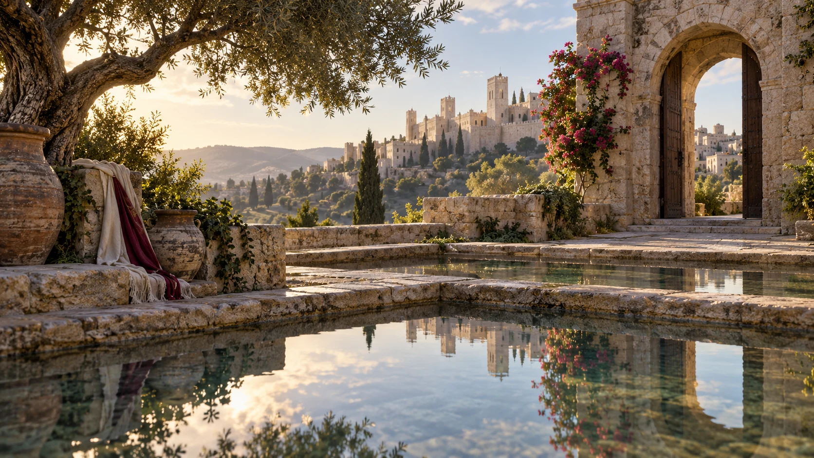 Reflective pools beside an ancient gateway with distant ivory-colored stone towers, poetic geography.
