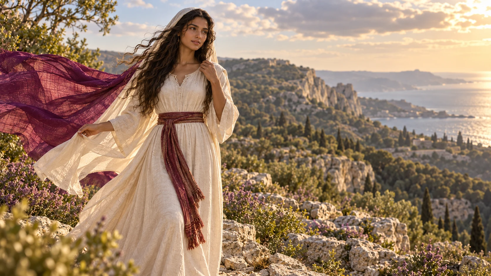Mount Carmel landscape and rich purple cloth drifting beside the woman's dark flowing hair, no captive king scene.