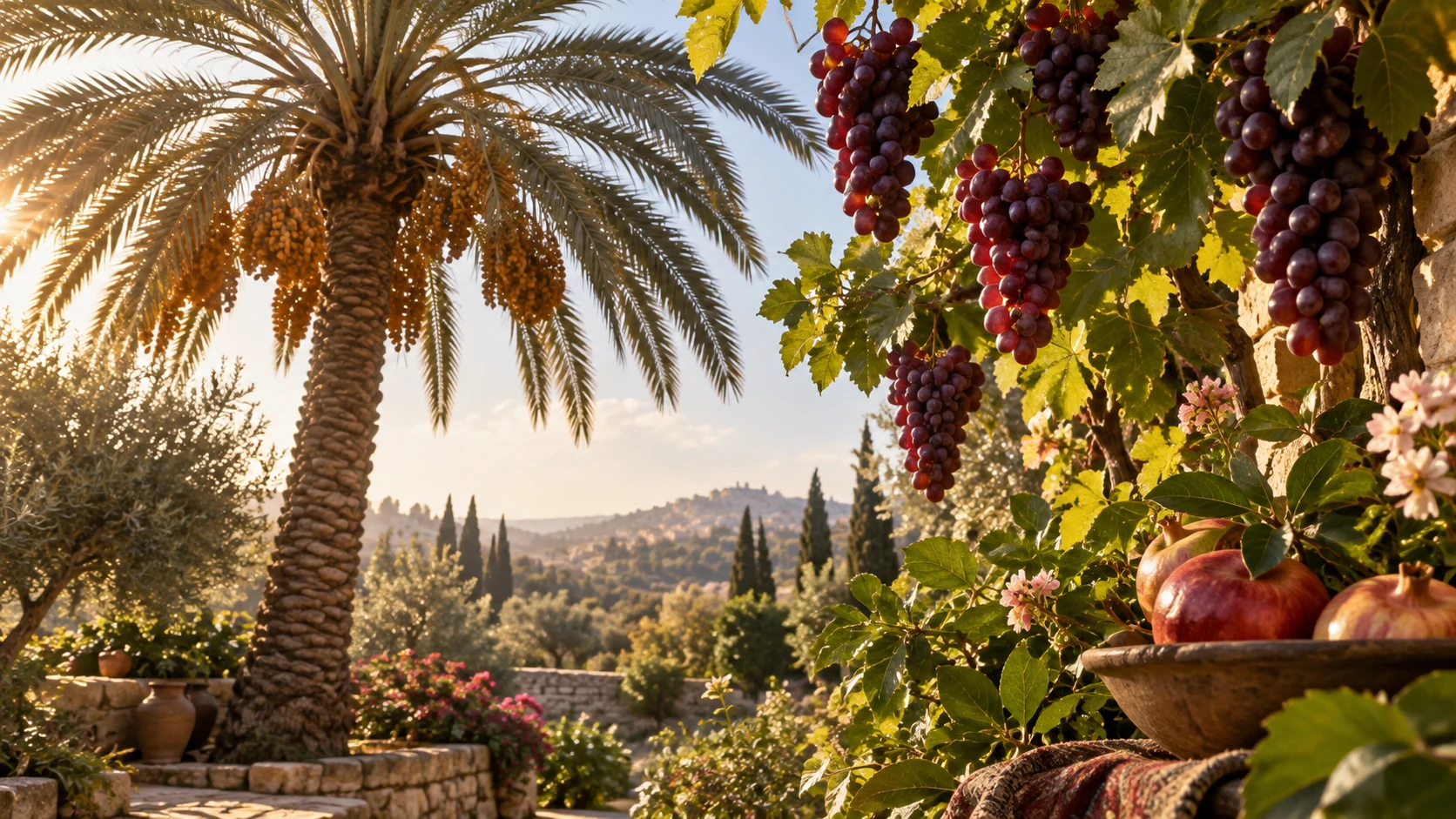 Tall palm tree, grape clusters and fragrant apples in warm garden light, full-height wide composition.