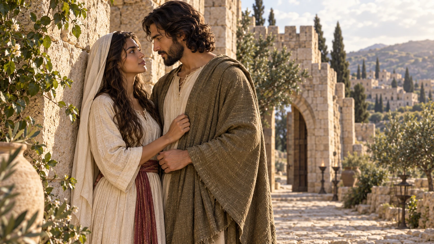 The adult lovers stand near each other outside a town entrance, longing expressed with no child or sibling romance.