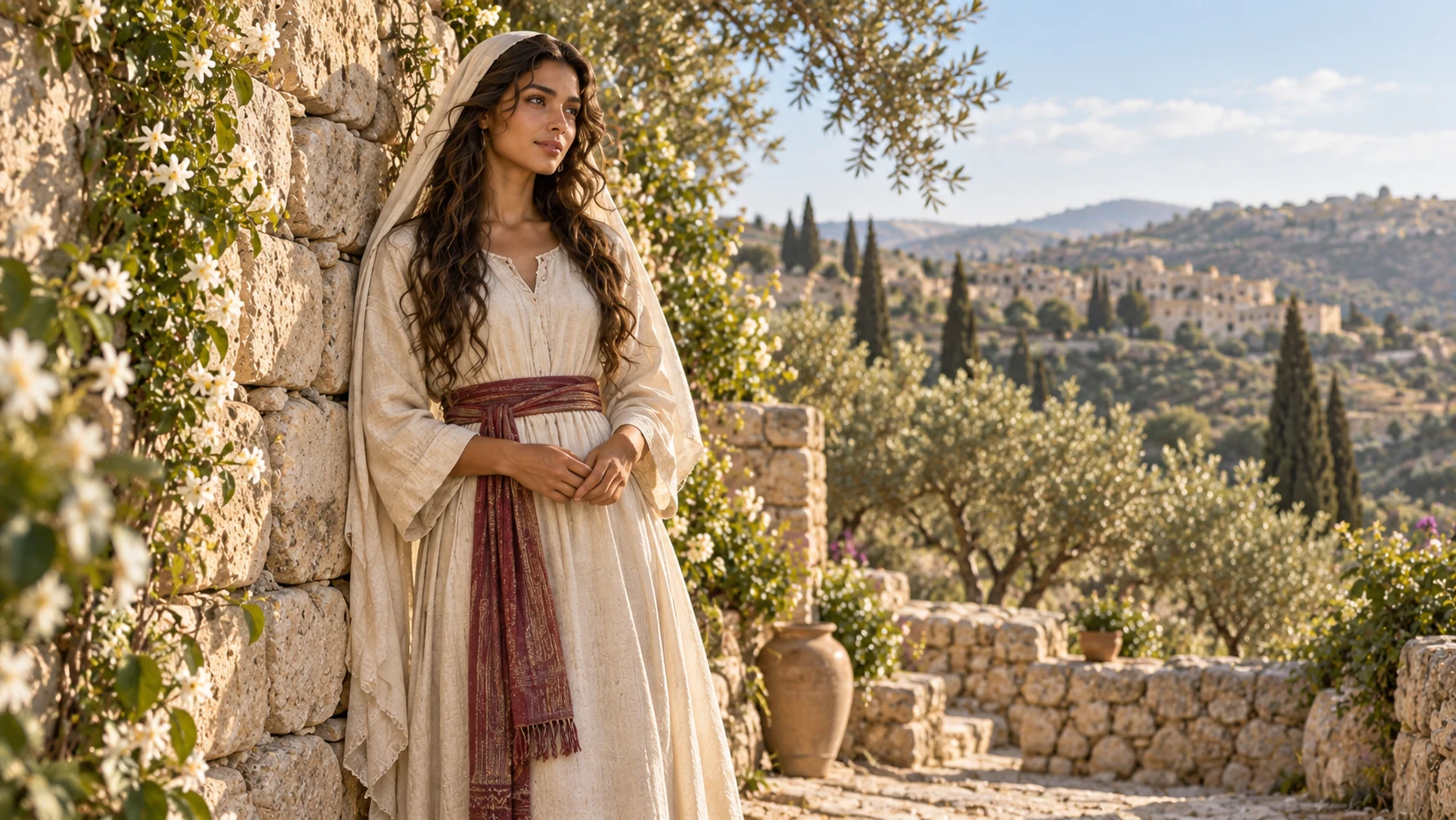 The fully clothed adult woman stands with quiet self-possession beside a strong stone wall, no exposed body.
