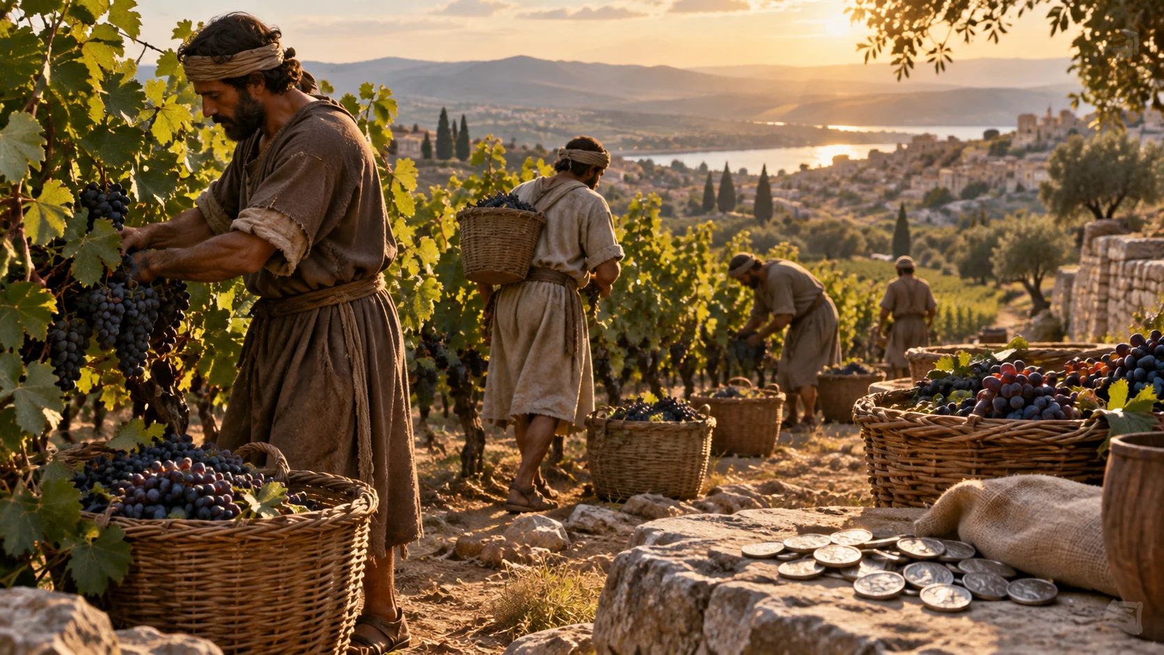 Anonymous male keepers harvest a vineyard with baskets of grapes and silver coins in the foreground.