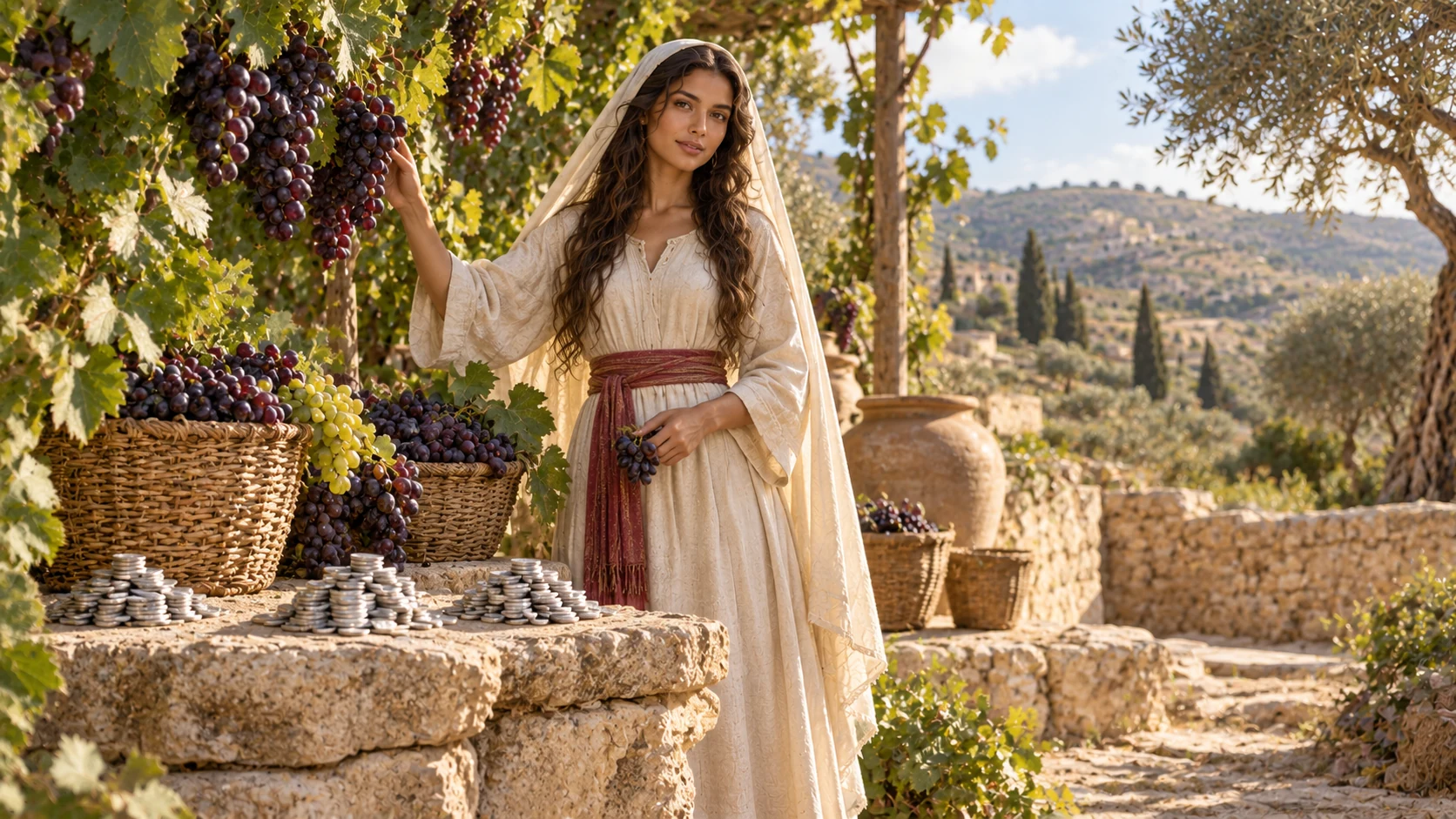 The adult woman stands beside her own vineyard's fruit with separate silver coin groups; image of agency, not invented land sale.