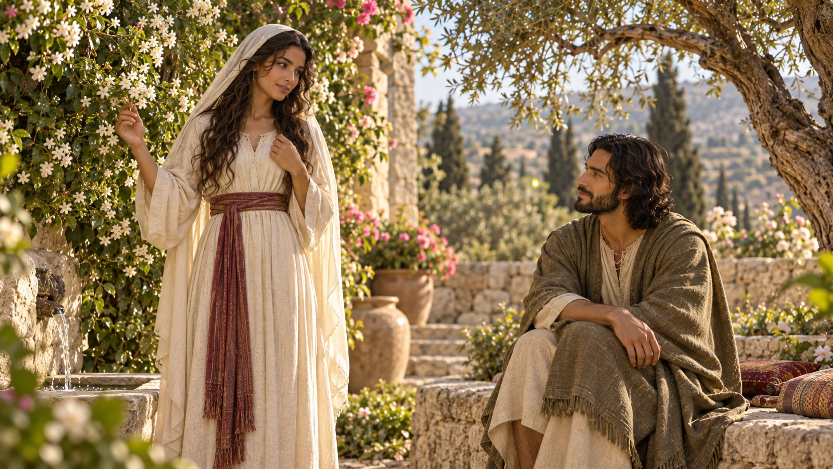 The adult male beloved listens toward the woman standing beside blossoms in a garden.