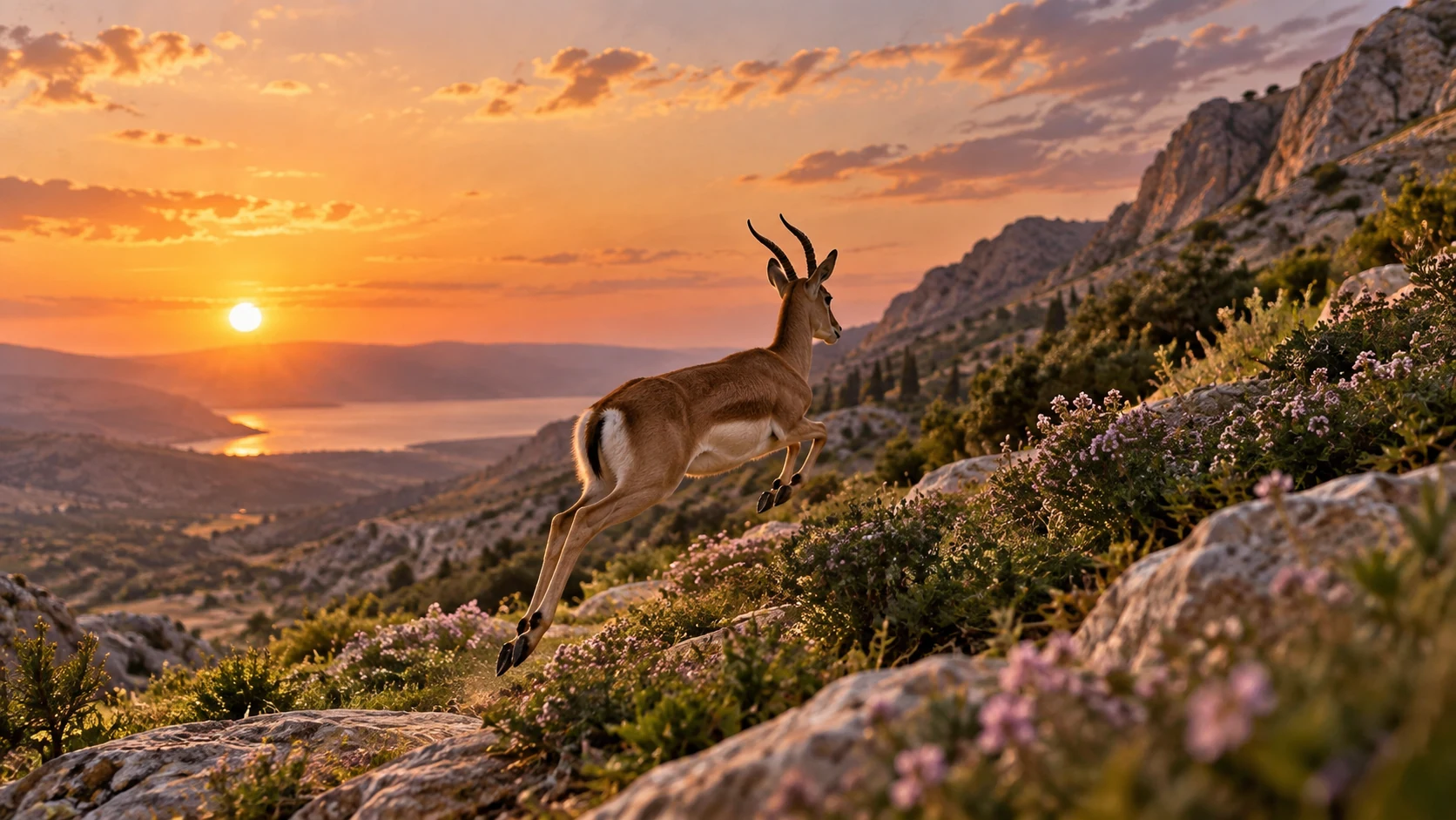 A gazelle bounds toward aromatic mountain slopes in sunset light, open poetic ending without fabricated wedding.