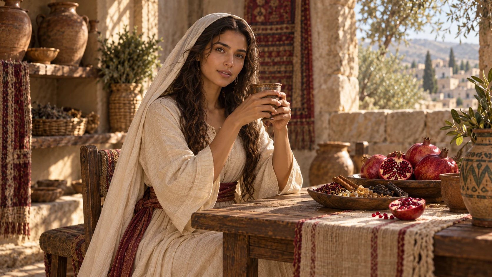 The adult woman holds a cup beside pomegranates and spices inside a modest maternal-house evocation, no invented mother figure.