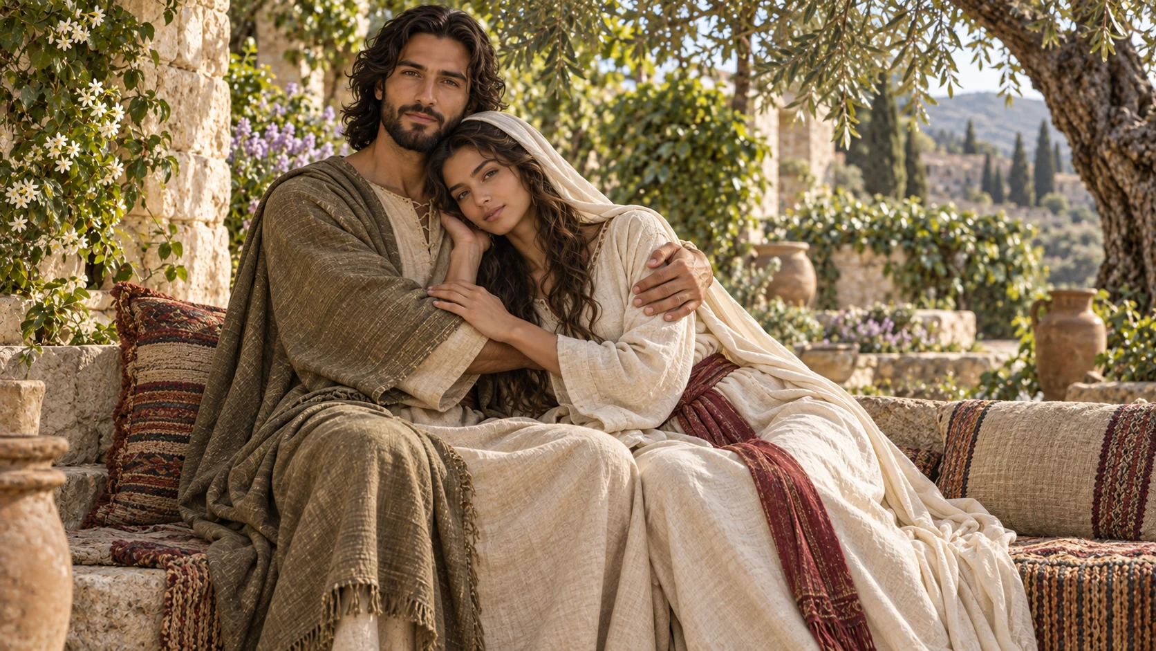 The seated adult beloved supports the fully clothed woman in a tender dignified embrace.