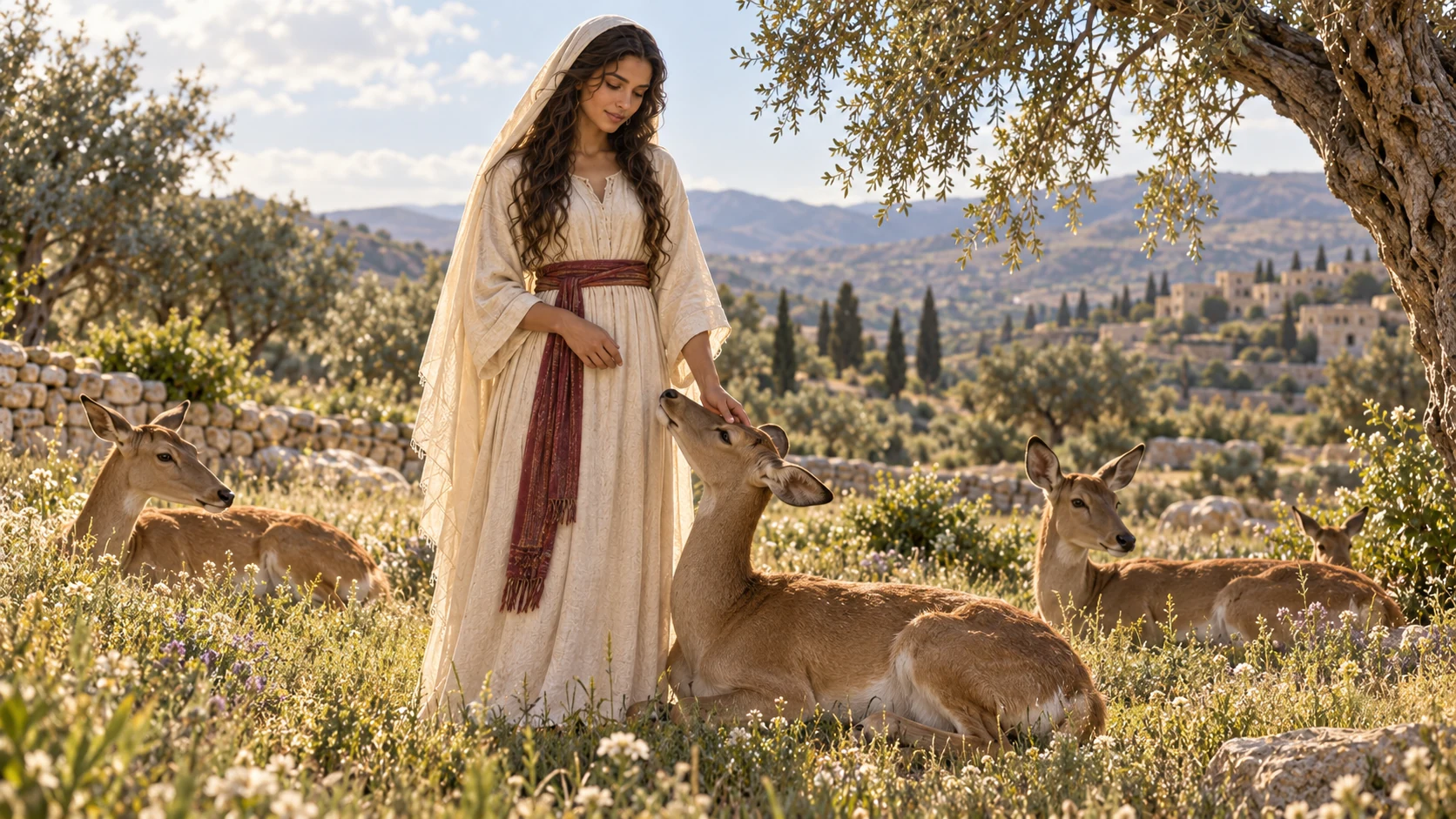The adult woman stands quietly beside resting does, echoing the earlier love refrain.