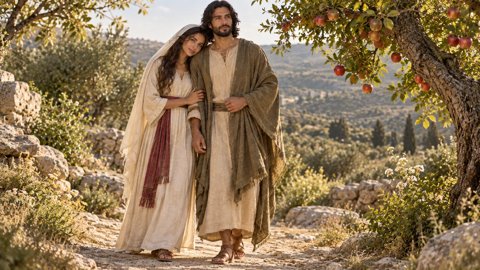 The woman leans on the man as they approach from wilderness; an apple tree beside the path evokes the verse's second address without naming its uncertain speaker.