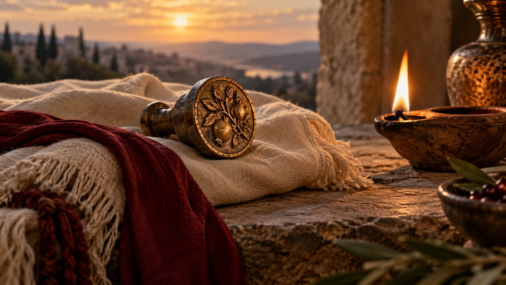 An ancient seal rests over folded cloth beside a small intense flame; no depiction of Yah or death personified.