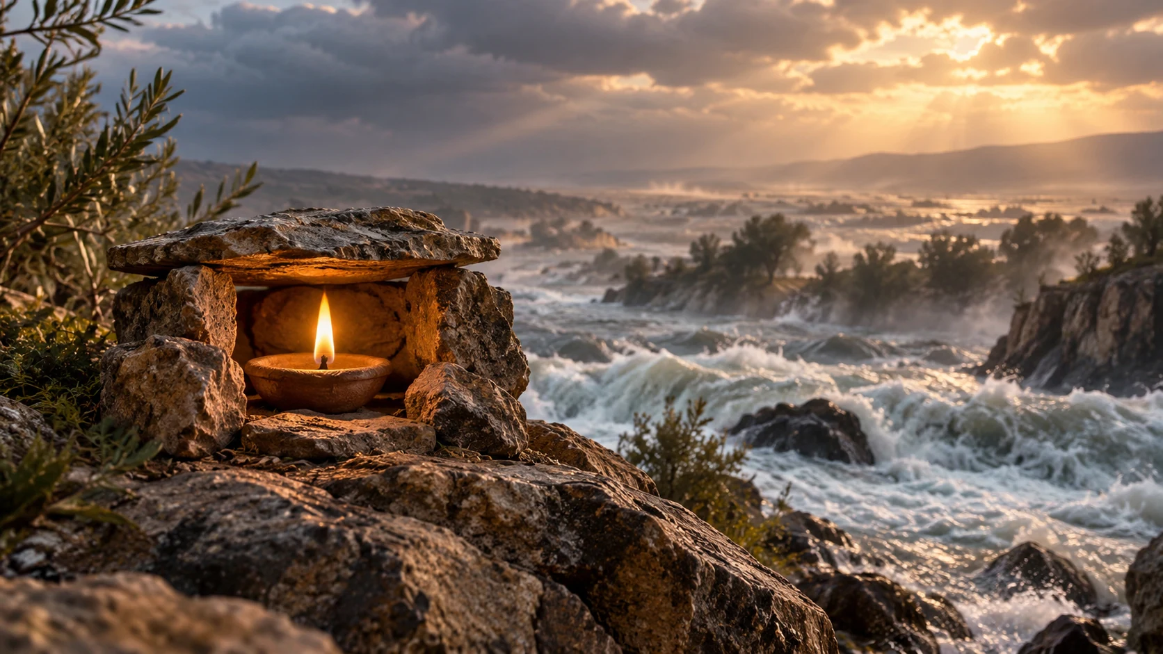 A small protected flame above a rushing river with distant floodwater, metaphor of unquenchable love.