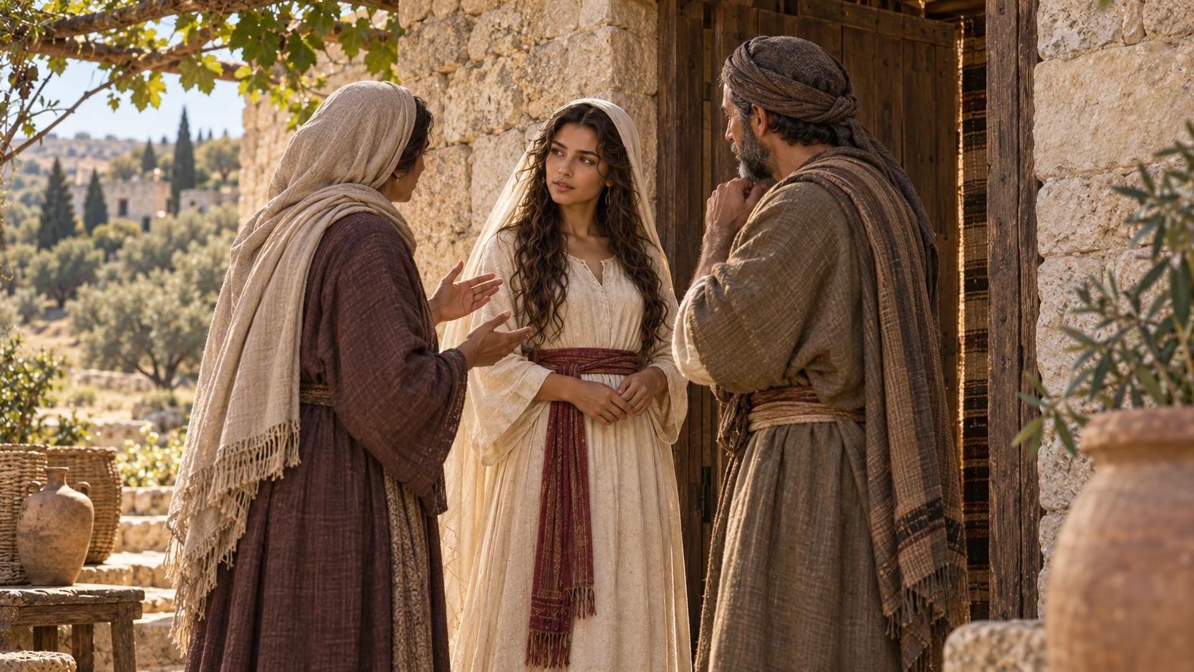 Fully clothed adults speak at a simple family doorway; the younger sister remains off-frame.