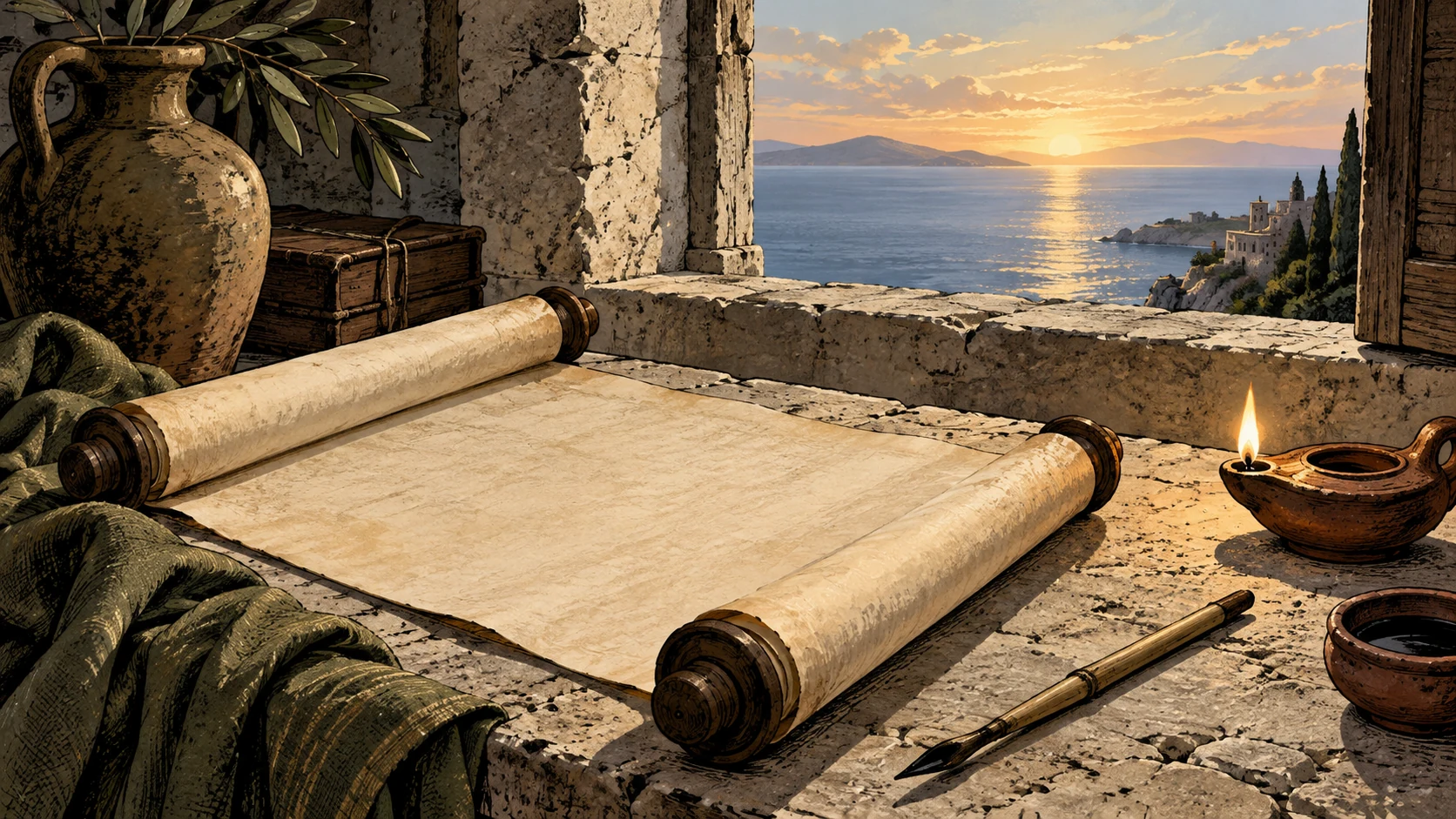 Blank parchment and a lamp beside a dawn sea horizon.