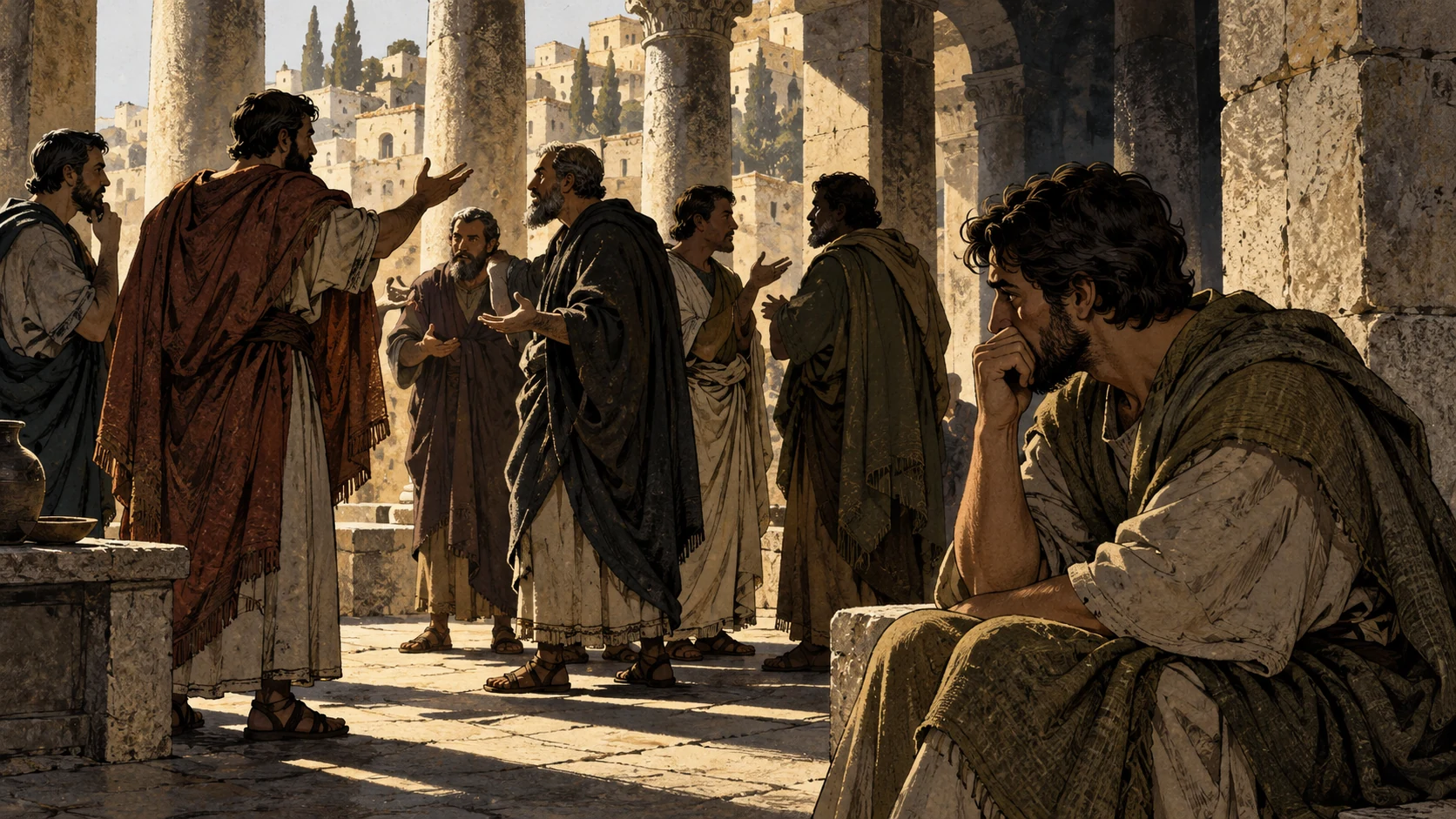 Anonymous disputants gesture in a colonnade while one listener hesitates.