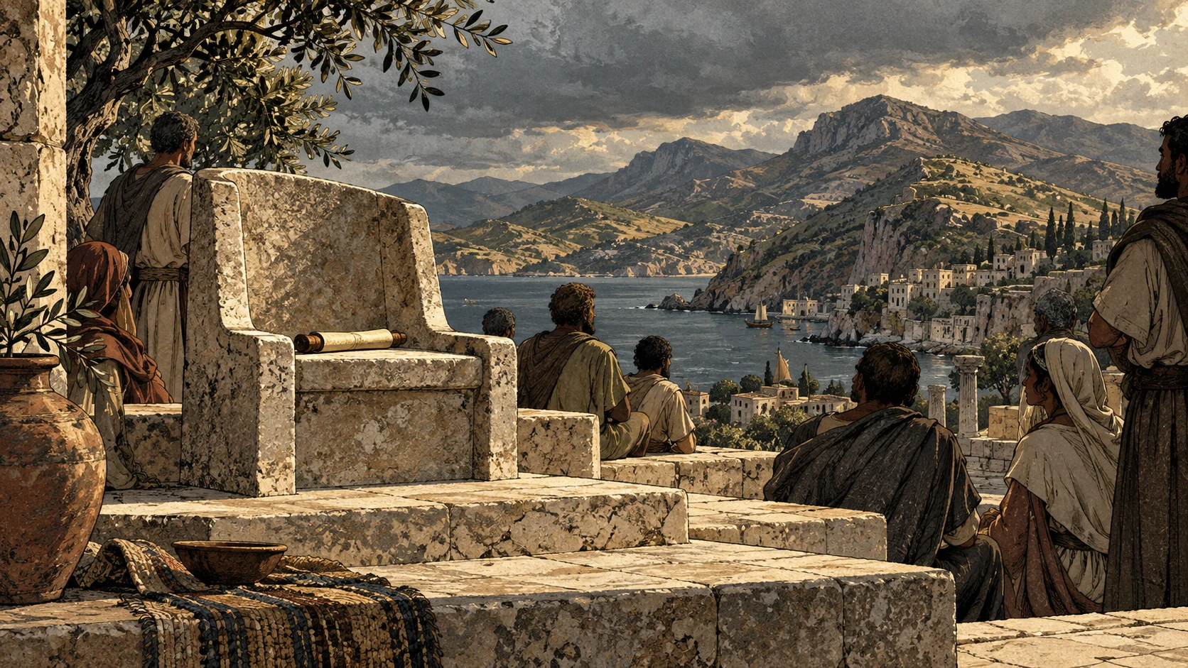 An empty speaker’s seat and blank scroll overlook Crete, with anonymous onlookers facing the landscape.