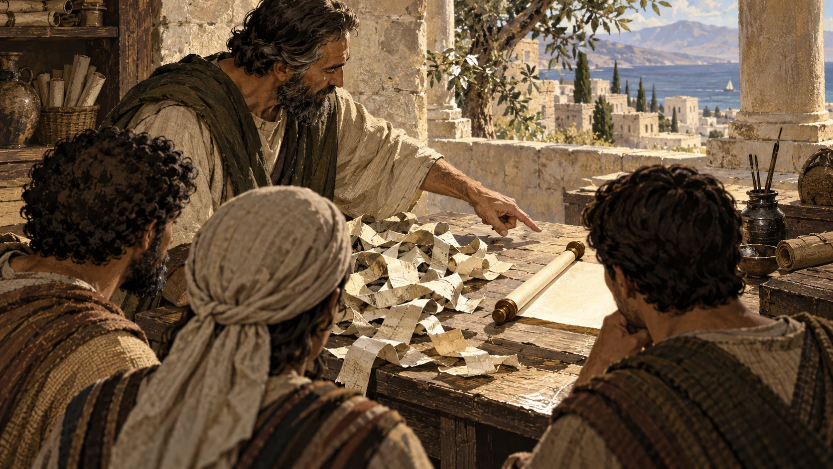 An anonymous instructor points from tangled blank parchment strips toward an orderly scroll.